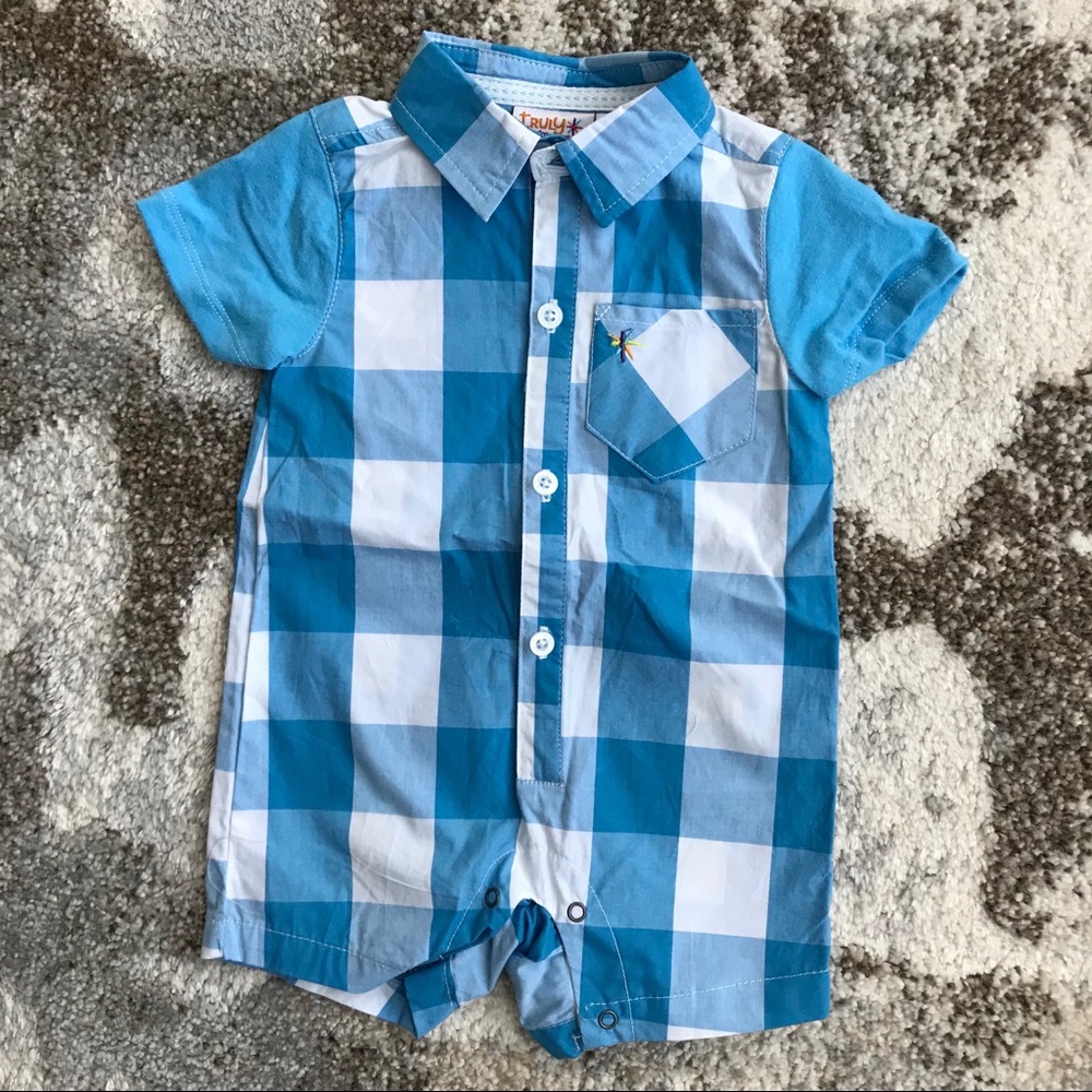 Truly Scrumptious boy 0-3 blue plaid summer romper